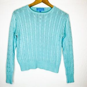 J. MCLAUGHLIN vintage 90s Cable Knit Sweater Blue Small Preppy Classic Crewneck